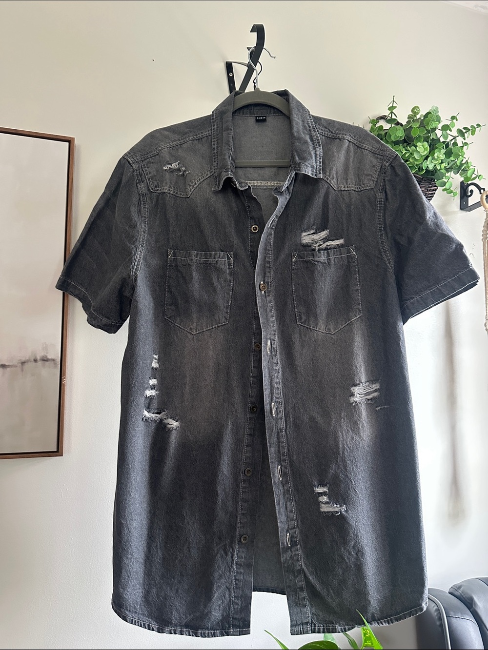 Men's Distressed Short-Sleeve Denim Shirt - Charcoal
